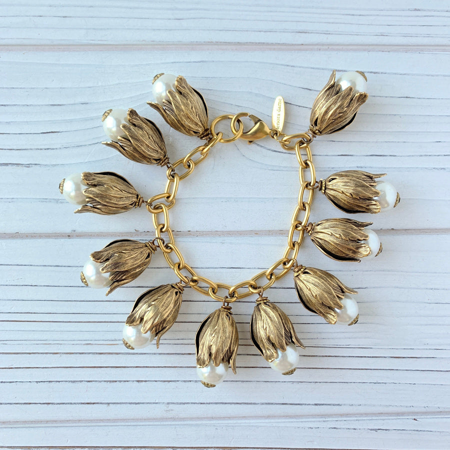 Lenora Dame Calla Lily Bead Cap Pearl Charm Bracelet