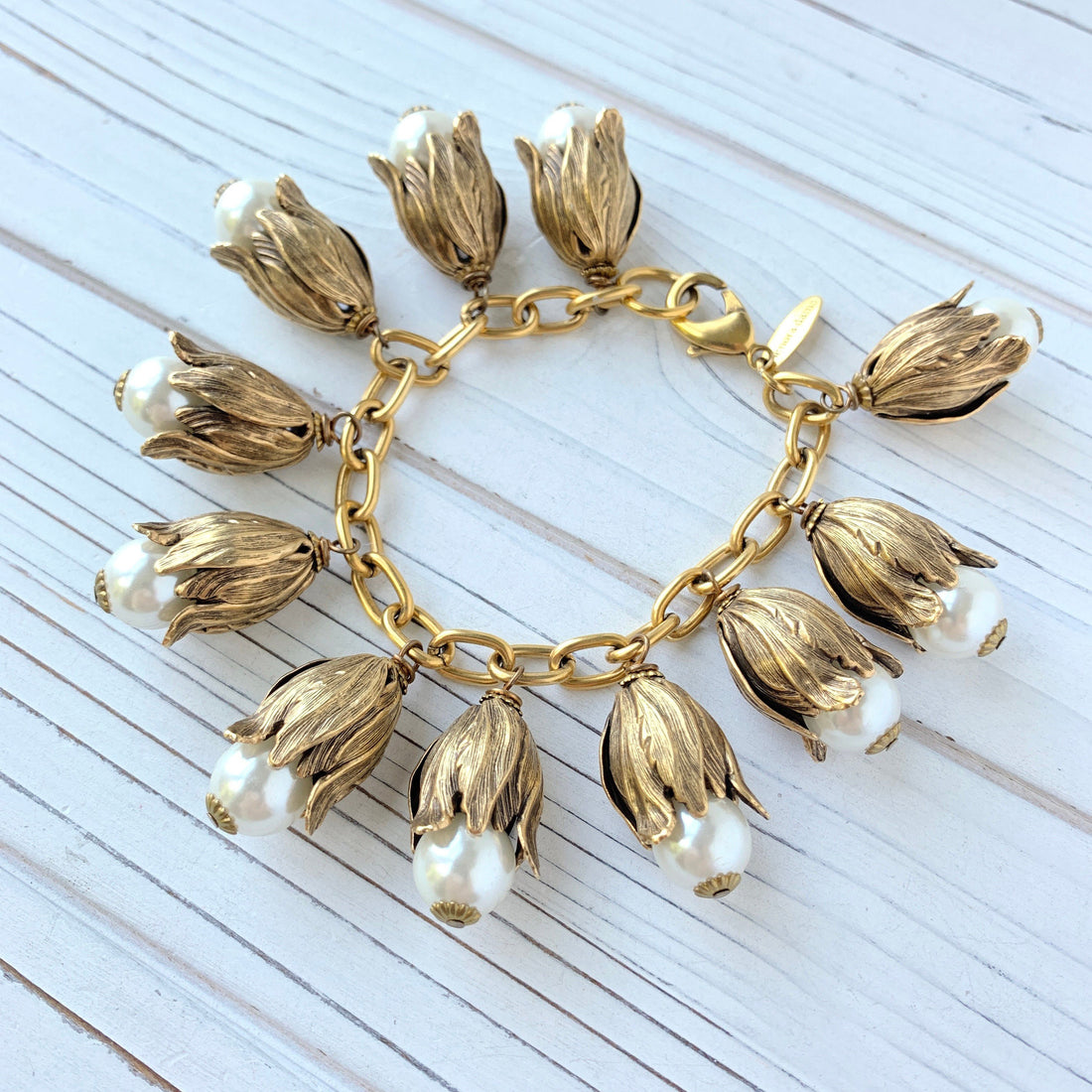 Lenora Dame Calla Lily Bead Cap Pearl Charm Bracelet