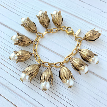 Lenora Dame Calla Lily Bead Cap Pearl Charm Bracelet