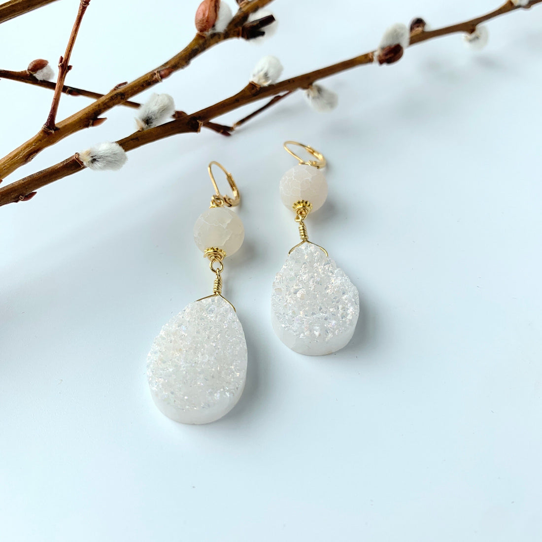 Lenora Dame Druzy Crystal Agate Earrings in White