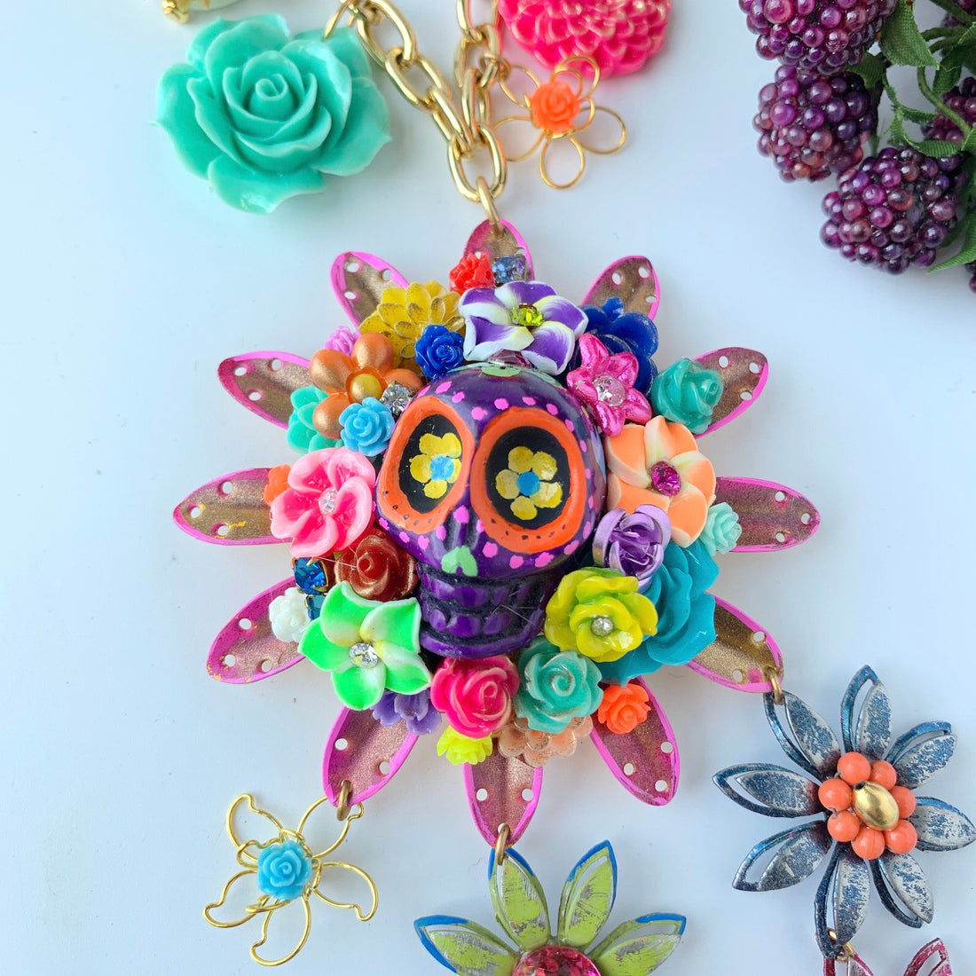 Lenora Dame Día De Los Muertos Hand-Painted Statement Necklace in Morado - One-of-a-Kind