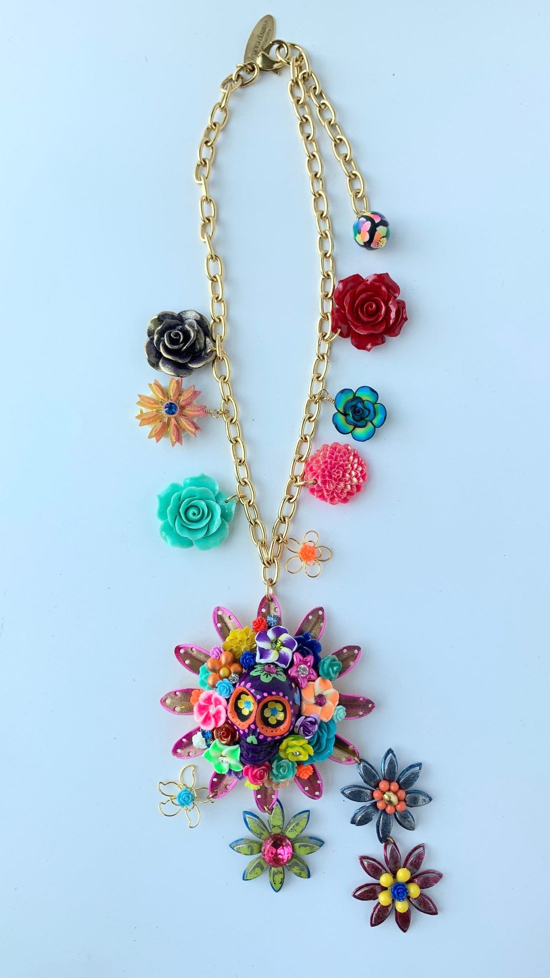 Lenora Dame Día De Los Muertos Hand-Painted Statement Necklace in Morado - One-of-a-Kind