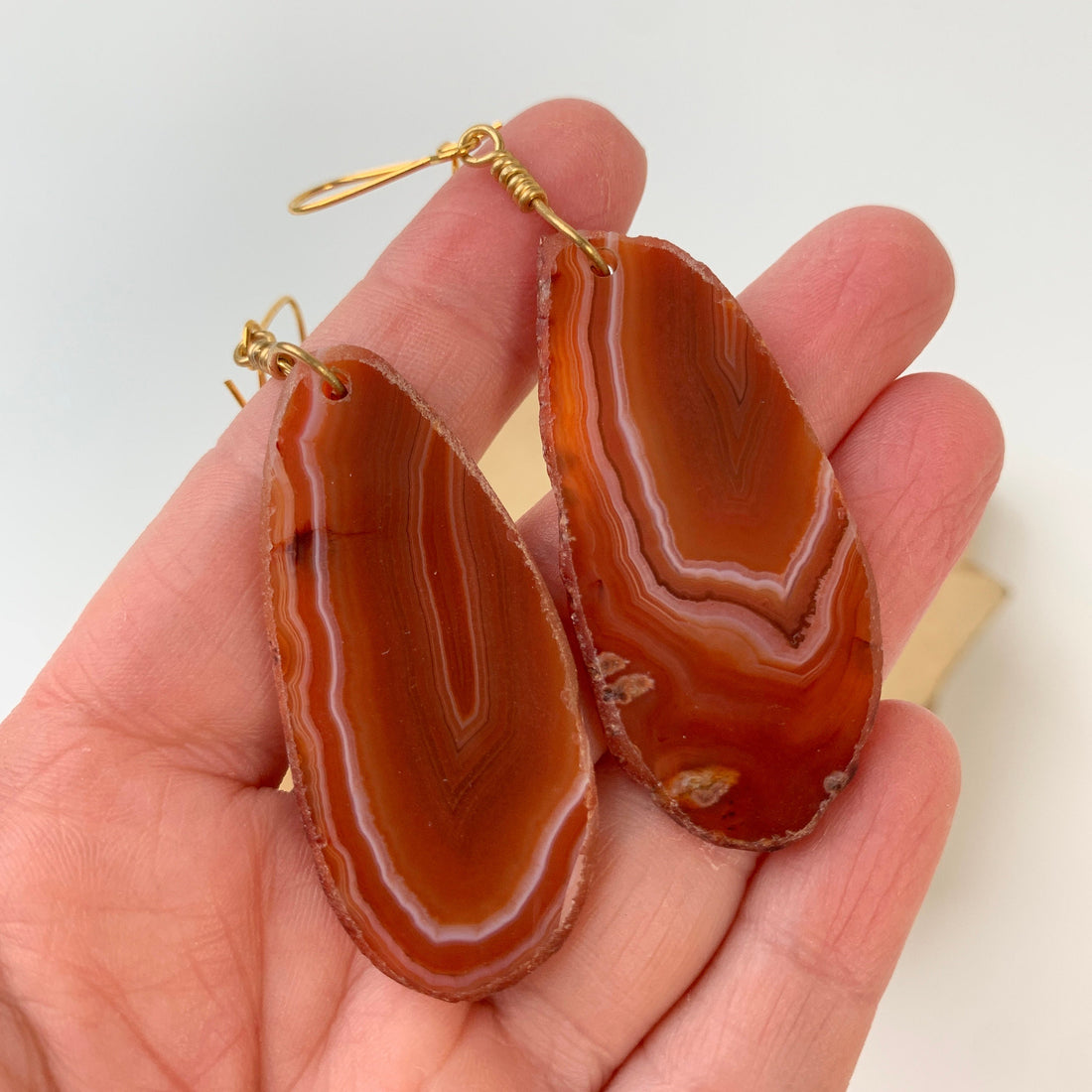 Lenora Dame Polished Agate Slice Drop Earrings in Rust
