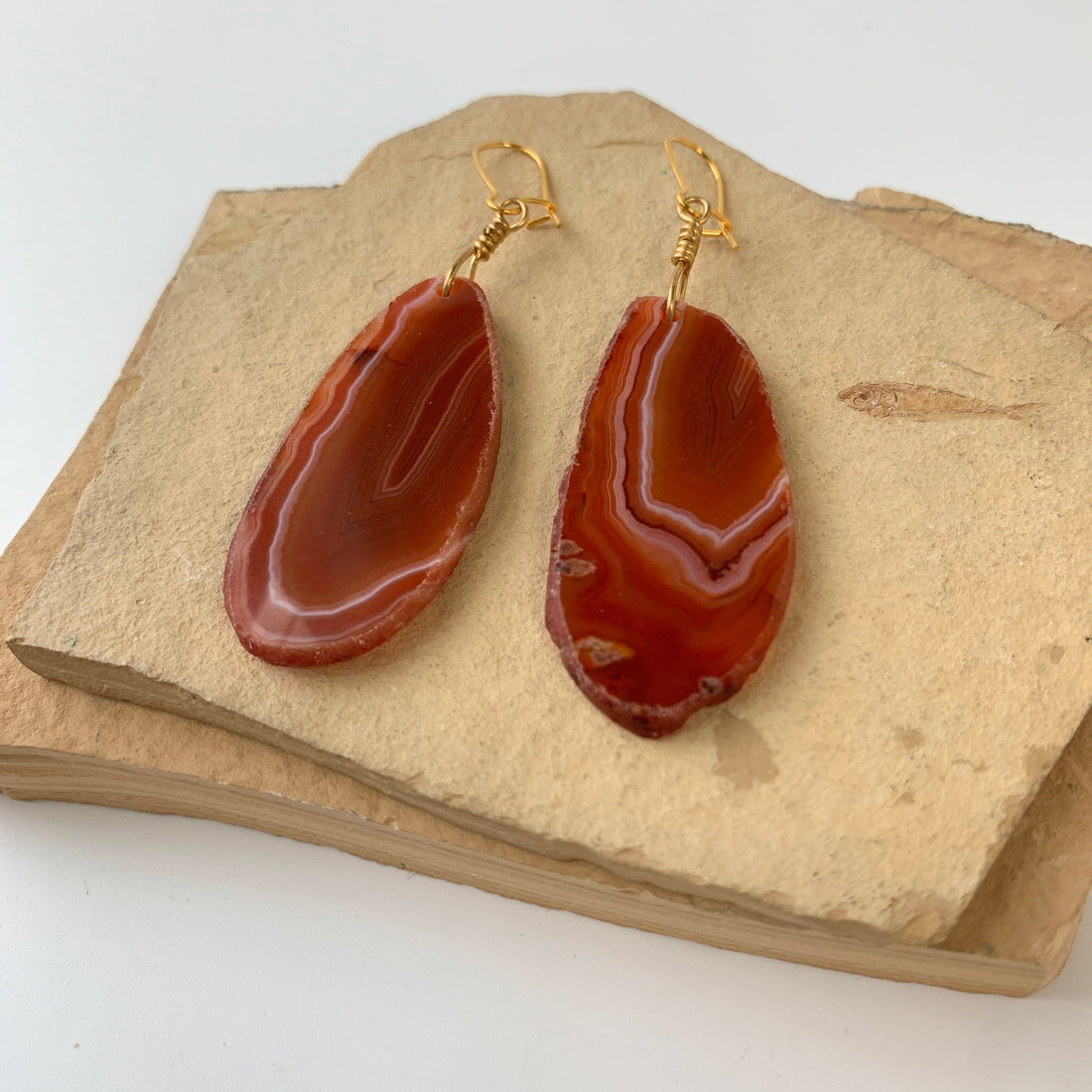 Lenora Dame Polished Agate Slice Drop Earrings in Rust