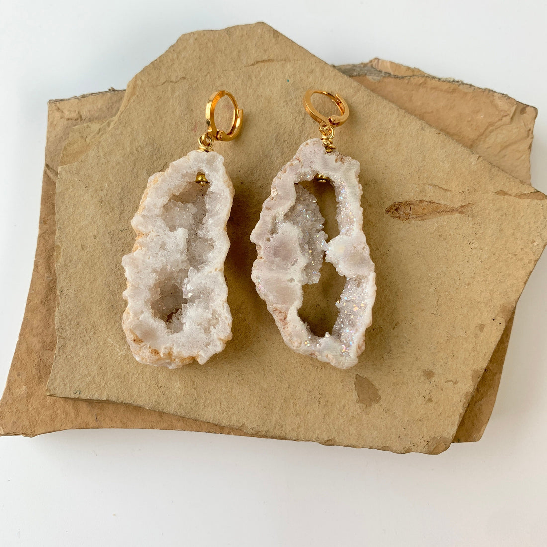 Lenora Dame White Druzy Crystal Agate Geode Earrings