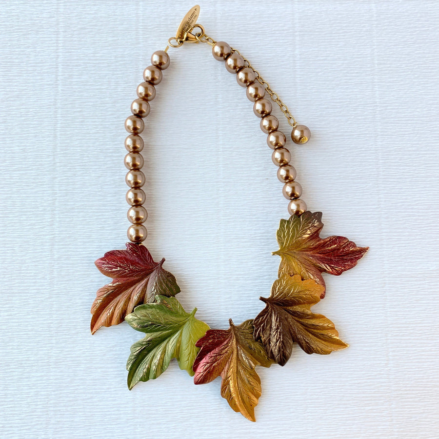 Lenora Dame Autumn Leaves Statement Necklace in Taupe - Fall Jewelry