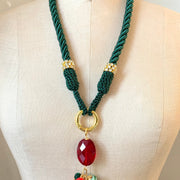 Pine Green silk cord statement necklace with red and green bead pendant. Christmas necklace for women.