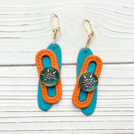 Lenora Dame Artsy Leather Dangle Earrings in Orange and Turquoise - One-of-a-Kind