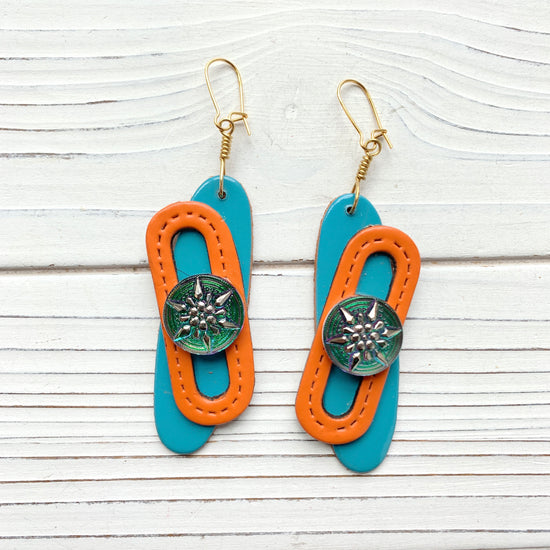 Lenora Dame Artsy Leather Dangle Earrings in Orange and Turquoise - One-of-a-Kind