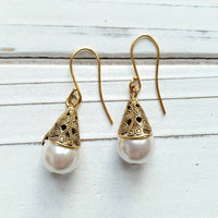 Lenora Dame Filigree Bead Cap Pearl Earrings - 2 Pearl Color Options