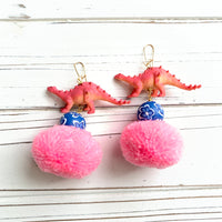 Pink Pompom Dinosaur Earrings