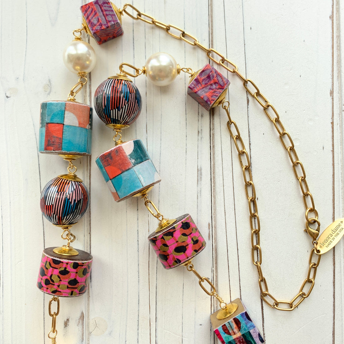 Lenora Dame Decoupage Wooden Bead Statement Necklace