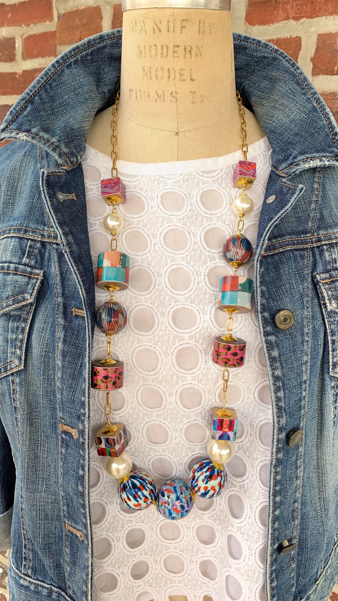 Lenora Dame Decoupage Wooden Bead Statement Necklace