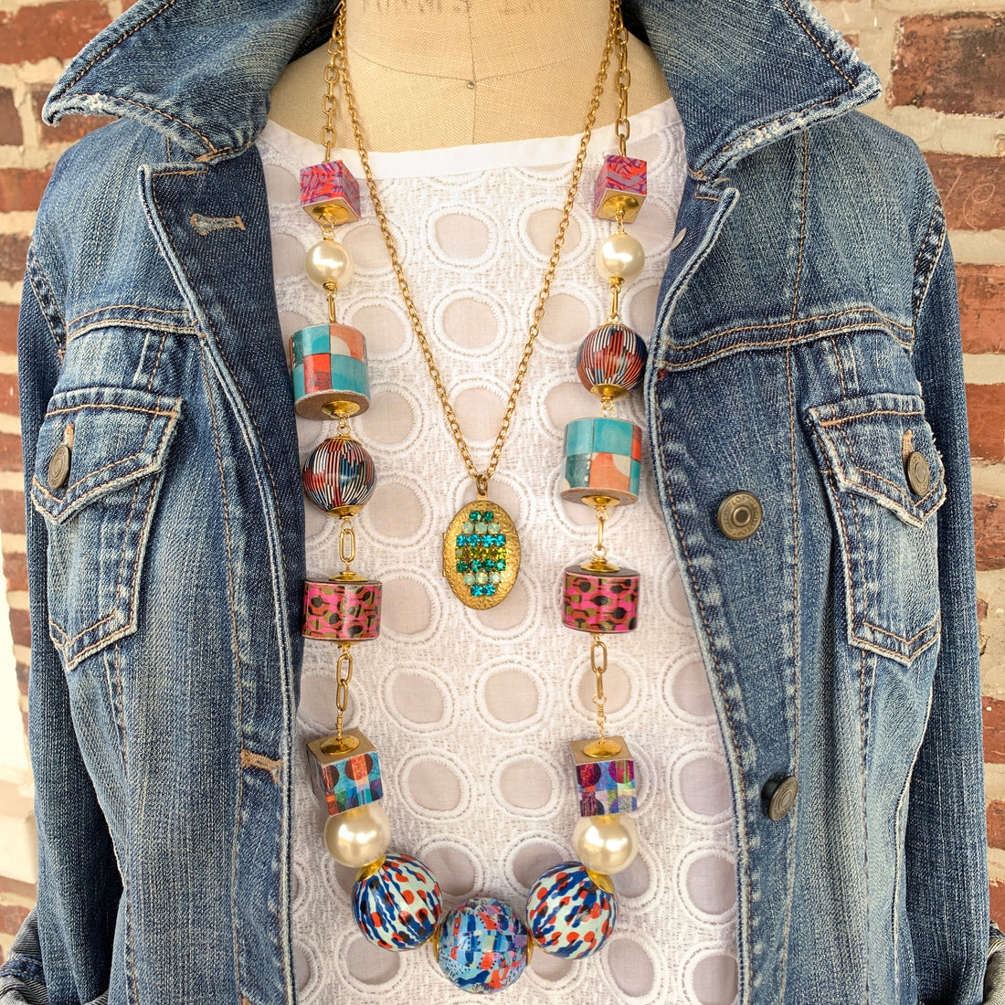 Lenora Dame Decoupage Wooden Bead Statement Necklace