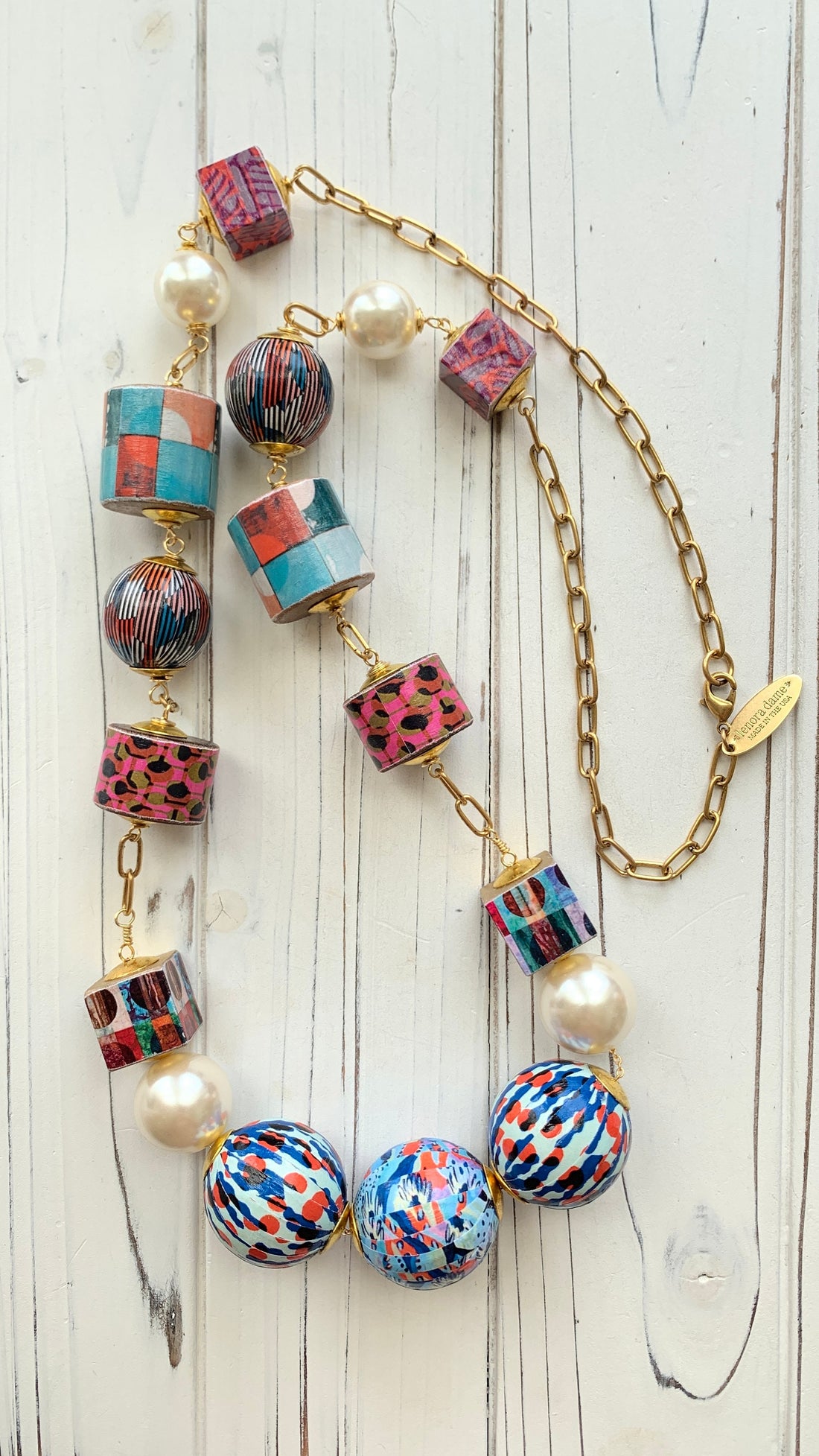 Lenora Dame Decoupage Wooden Bead Statement Necklace